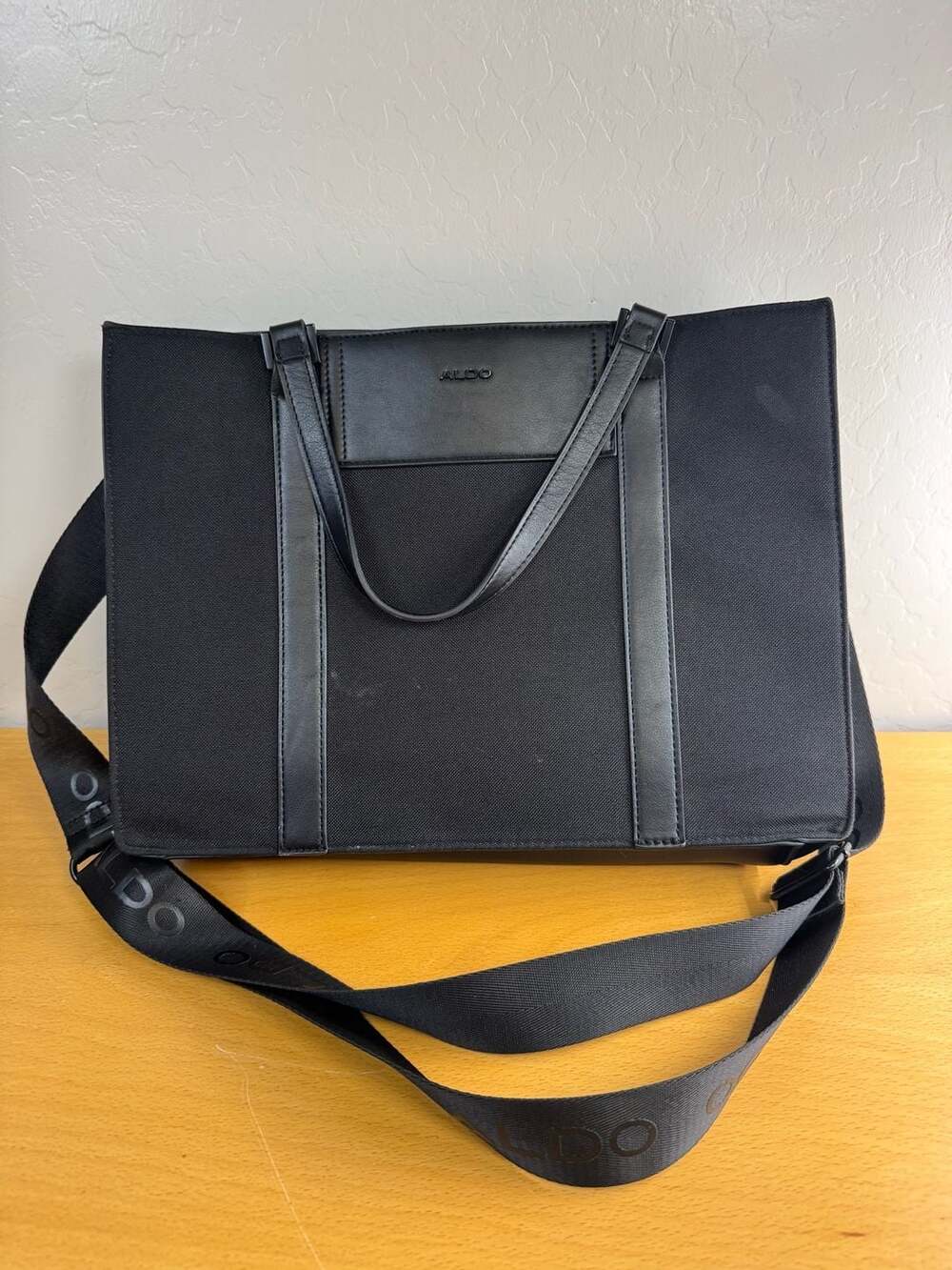 ALDO Black Canvas and Faux Leather Structured Tote Shoulder Bag
